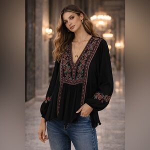 American Eagle Black embroidered Boho peasant blouse longsleeve crop slouchy top